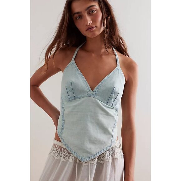 Free People Aurora Denim Halter Tank Boho Western Size Large Women's - Picture 1 of 5